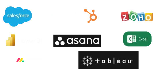 Software logos including Salesforce, HubSpot, Zoho, and more